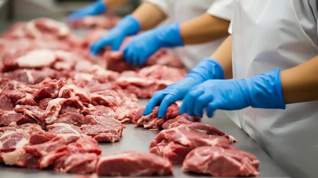 Worker in blue gloves inspecting raw meat on conveyor belt. Woman sorting fresh pork in food processing plant. Industrial butchery