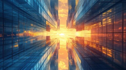 A futuristic cityscape with sleek skyscrapers reflecting vibrant sunset colors in their glass facades, creating a stunning urban landscape 4k video