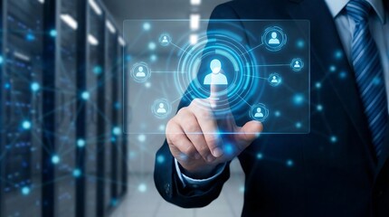 Businessman interacting with futuristic network interface in server room
