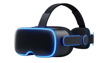 Futuristic Black VR Headset with Glowing Blue LED Accents virtual reality VR headset isolated on a transparent background
