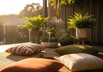 Peaceful Meditation Space with Incense Smoke, Cushions, and Bamboo Plants in Warm Sunset Light