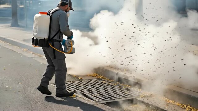 Exterminator man applying fumigation treatment with a fogger machine to control pests, spraying smoke and expelling insects from a sewer drain.