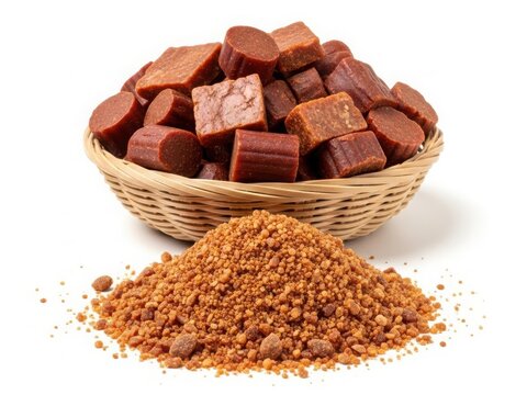 Khejur Gur, Pile of jaggery cubes in a woven basket with granulated jaggery in front, isolated on white background