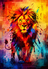Powerful Lion Frontal Portrait in Intense Abstract Colorful Paint Style