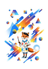Artistic Fox Painter in Beret and Splattered Lab Coat with Geometric Background