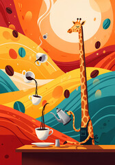 Tall Giraffe Barista Pouring Coffee into Floating Cups in a Warm Abstract Landscape