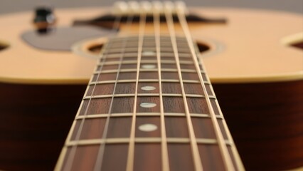 Fototapeta premium Close-up of an acoustic guitar fretboard with strings and frets in focus.