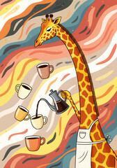 Stylized Giraffe Barista Pouring Coffee into Multiple Floating Cups on Abstract Background