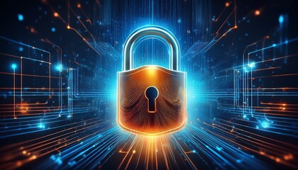 glowing padlock over blue lines with orange particles representing network data security concept