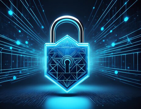 a glowing blue padlock with a geometric design floating against a dark blue and black background - Powered by Adobe