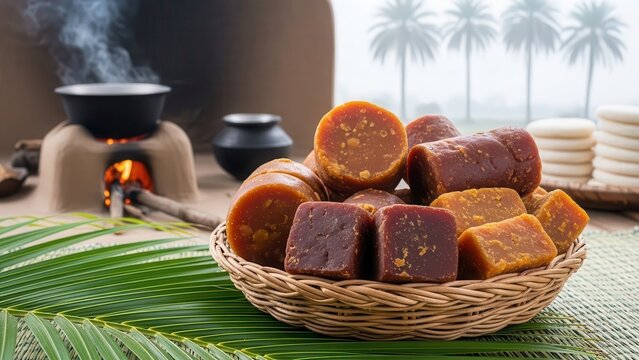 Khejur gur, traditional jaggery gur in a woven basket, steam rising from cooking pot in background, tropical setting