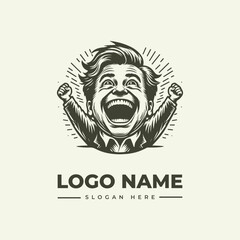 A vector illustration of a man with his fists raised in excitement, surrounded by lines radiating from his face, with a logo and slogan text below on a plain background.