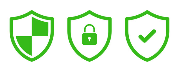 Obraz premium Security shield lock and shield check icon symbol set. Safety shield logos with check mark and padlock. Protection approve sign. Protect shield icons.