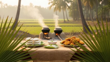 traditional south indian cooking setup with steaming pots and freshly prepared snacks on a table outdoors in a paddy field setting with palm trees