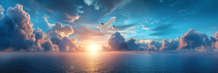 Passenger jet soaring over sea of clouds during sunset, fluffy cloud blanket below aircraft, backlit airplane, stunning twilight colors, professional travel photography.