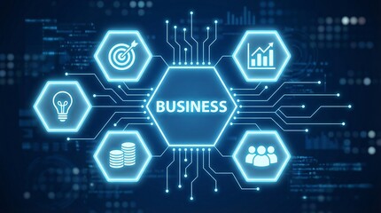Business concept with glowing blue circuit board and icons