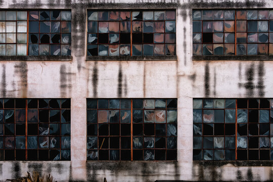 Abandoned Building Facade with Broken Windows