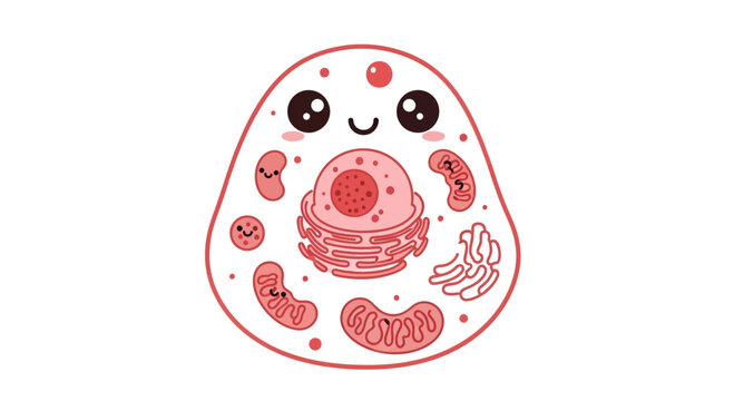 Adorable cartoon cell illustration displaying biological components in a simple representation