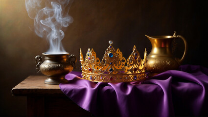 Golden crown and smoking censer on purple fabric in a dramatic still life setting Twelfth Day / Epiphany