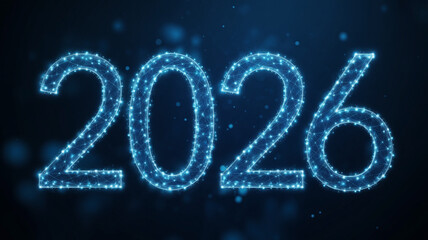 Bright blue glowing numbers 2026 forming network or constellation with bokeh lights on dark background, futuristic new year greeting and technology concept, digital art