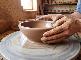 Potter hands molding wet clay spinning wheel close up ceramic art craft workshop creativity hobby making bowl mud dirty shape manufacturing pottery studio traditional production sculpture design 
