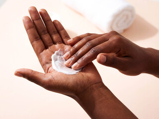 African American woman hands applying moisturizing cream close up skincare beauty wellness soft skin texture lotion massage spa treatment cosmetics product hygiene daily routine hydration dermatology 