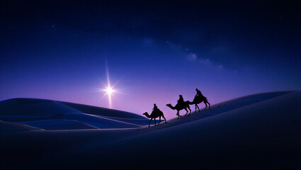 Three wise men on camels following the star of bethlehem across desert dunes at night Twelfth Day / Epiphany