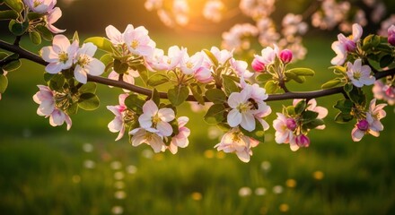 A branch of a blossoming apple tree with pink and white flowers against a blurred green background.