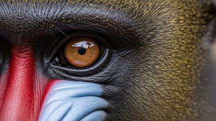 Intense Mandrill Eye Close-up with Vibrant Facial Markings