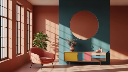 Living Room With Pink Armchair And Colorful Cabinet interior decor