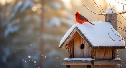 Naklejka premium A red cardinal bird perched on a snow-covered wooden birdhouse in a snowy forest setting.