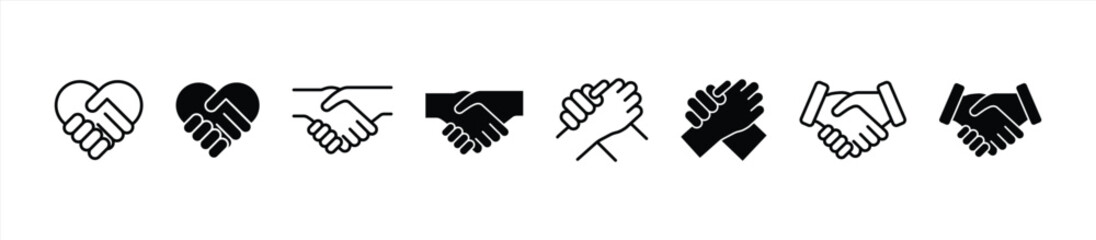 Handshake icon set. Business agreement handshake symbol. Friendly, partnership deal handshake line and silhouette sign. Transparent png and vector illustration