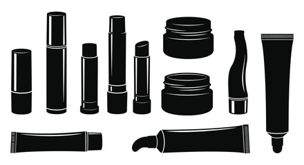 Obraz premium Black and white illustration of various cosmetic tubes and containers