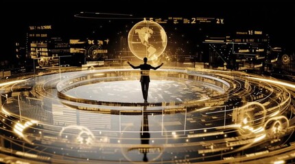 Professional business consultant standing confidently center of a spherical time chamber, three transparent rotating layers past present future corporate data simultaneously, vintage historical charts
