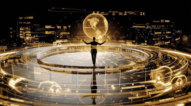 Professional business consultant standing confidently center of a spherical time chamber, three transparent rotating layers past present future corporate data simultaneously, vintage historical charts