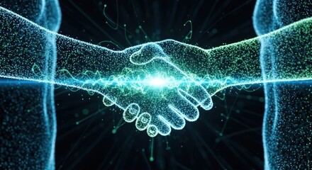 Two human figures in a handshake with a glowing green energy field between them.