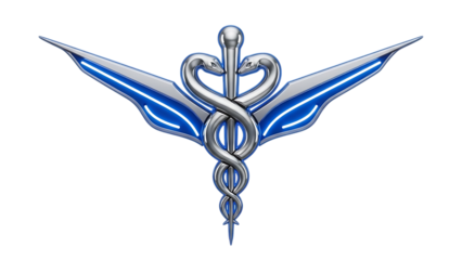 Silver caduceus emblem, with blue metallic wings and glowing accents, cutout, PNG isolated on white or transparent background