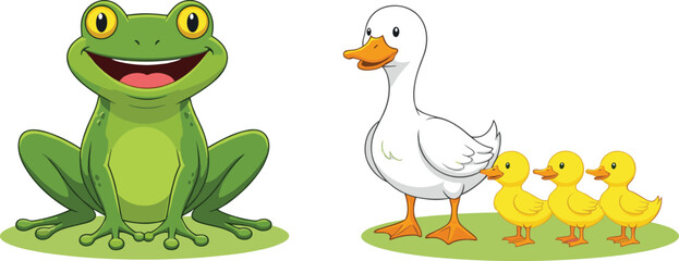 Cute Cartoon Frog and Duck Family Illustration Featuring Smiling Frog, Mother Duck, and Ducklings for Kids Education, Nursery Art, Animal Mascot, and Fun Design