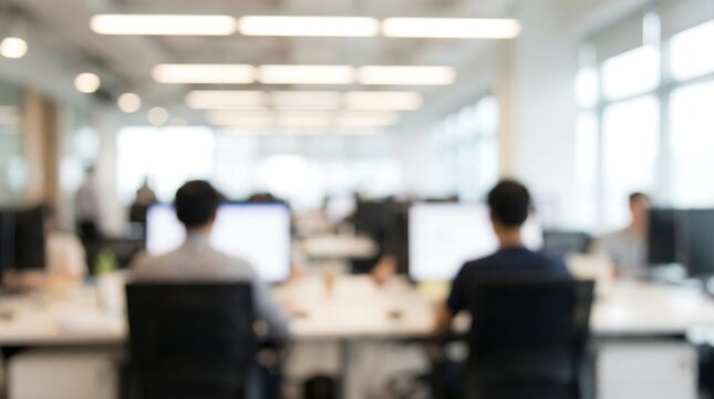 Blurry office scene with coworkers working at desks - Powered by Adobe