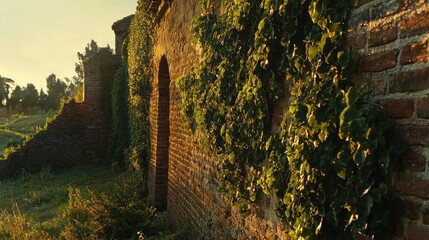 Old brick wall overgrown with ivy, bathed in warm sunlight
