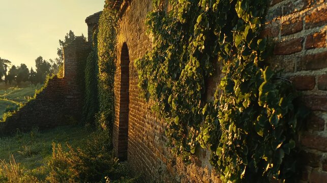 Old brick wall overgrown with ivy, bathed in warm sunlight - Powered by Adobe