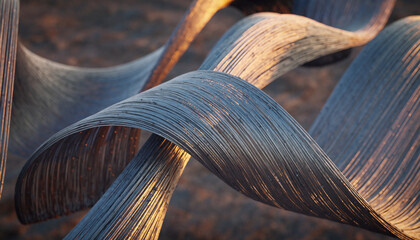 Detailed closeup shows the textured pattern of a brown wooden fence and logs near a hammock highlighting the natural material design