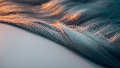 A blond fashion model with a brown hairstyle poses for a beauty cut featuring a feather duster on a blue background in an abstract style