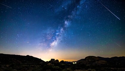 Starry nightscape with Milky Way and meteor streaks over dark landscape and glowing horizon