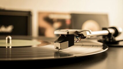 Close-up of a vintage record player with a vinyl record spinning, showcasing the needle and tonearm in detail.