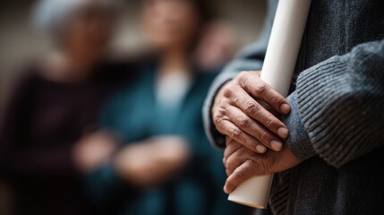 Close up of an older person's hands holding a rolled up document with blurred figures in the background