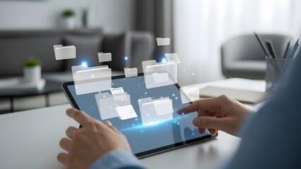 Woman using digital tablet with floating folder icons. Concept of business archiving, file management, and document storage on cloud server.