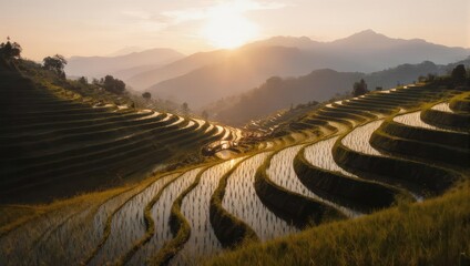Golden Hour Over Terraced Rice Fields - A Scenic Landscape.