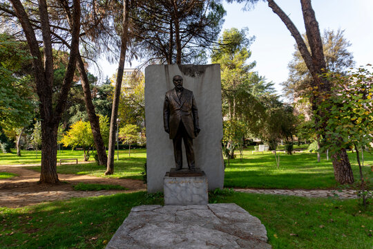 A staue of Ismail Qemali, the first leader of Albania, in a park in Tirana, Albania