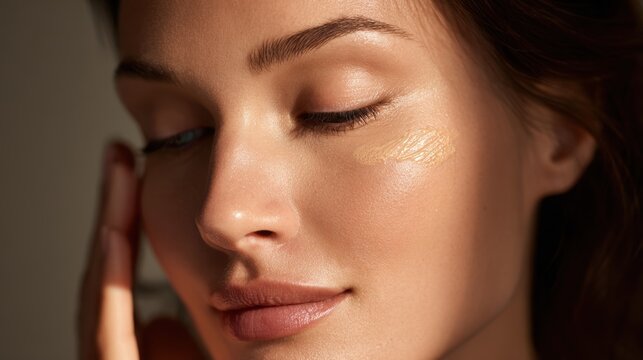 Close up of a woman's face applying foundation with a soft warm light illuminating her skin